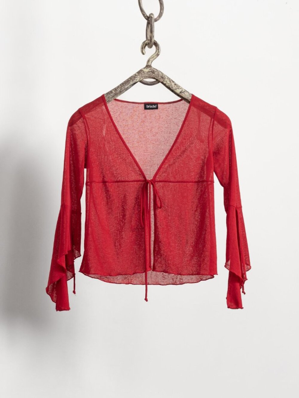 SHEER Red Stretchy Bell Sleeves Y2K Party Top Vintage See Through Tie Front